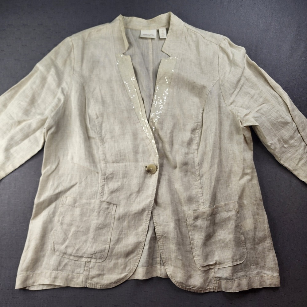 Chicos Linen Blazer Sequin Collar Tan Minimalist Classic Jacket Size 3 L XL